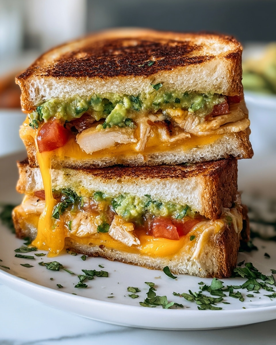 Whole grilled cheese sandwich on thick-cut white bread, fully assembled and uncut, with melted cheddar oozing slightly near fresh slices of tomato, chunks of roasted chicken, and a generous layer of guacamole mixed with cilantro, presented on a large white plate with a few scattered fresh herbs around the base, shot from a 3/4 angle on a white marble surface with natural lighting, styled as a professional hero food shot, photo taken with an iphone --ar 4:5 --v 7
