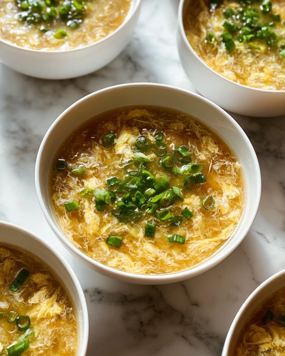 Large white ceramic soup bowls arranged together, each filled with steaming hot egg drop soup featuring silky ribbons of cooked egg swirling in a rich golden broth, topped generously with fresh chopped green onions, entire serving set on a white marble countertop with natural lighting for a clean, enticing hero food magazine style shot, photo taken with an iphone --ar 4:5 --v 7