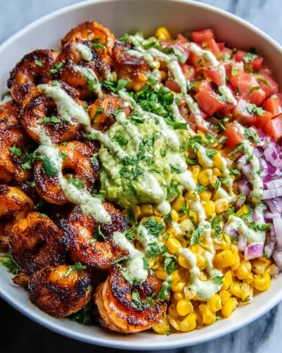 A large white bowl filled with an abundant shrimp burrito bowl featuring perfectly charred, smoky shrimp arranged alongside vibrant scoops of creamy guacamole, bright yellow corn kernels, fresh diced tomatoes, and finely chopped red onions, all topped with a generous drizzle of zesty, creamy sauce and sprinkled with freshly chopped cilantro. The entire dish is presented from a 3/4 angle on a pristine white marble surface, bathed in natural light to highlight the vivid colors and textures, styled as a stunning hero shot from a food magazine. Photo taken with an iphone --ar 4:5 --v 7