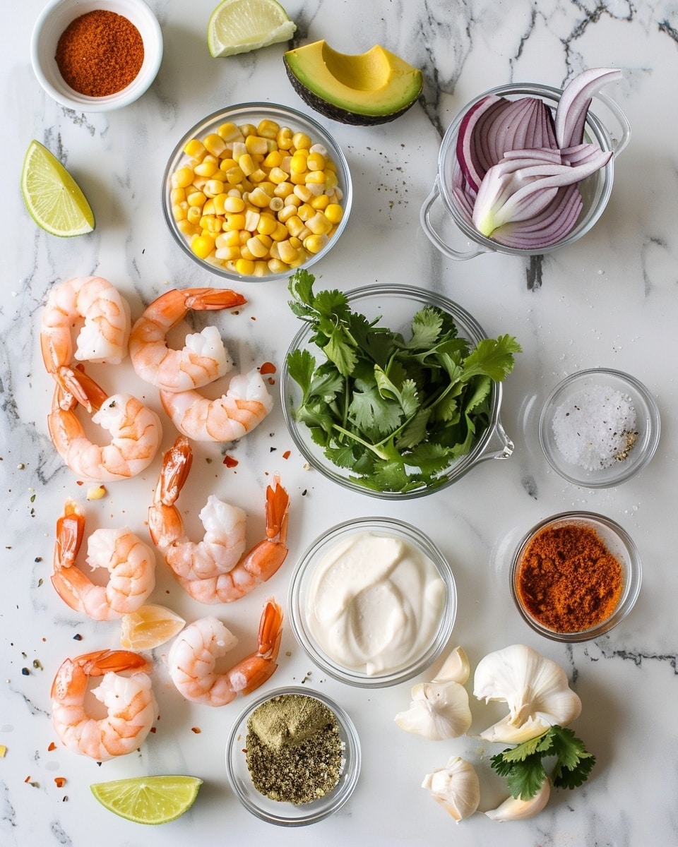 Single white bowl featuring a plated serving of charred grilled shrimp arranged alongside vibrant yellow corn kernels, creamy guacamole, fresh pico de gallo with diced tomatoes and onions, all topped with a drizzle of zesty cilantro-lime sauce cascading over the ingredients, close-up angle revealing the juicy shrimp texture and fresh colorful components, garnished with chopped cilantro, set on a white marble surface with natural lighting, styled food blog presentation photo taken with an iphone --ar 4:5 --v 7