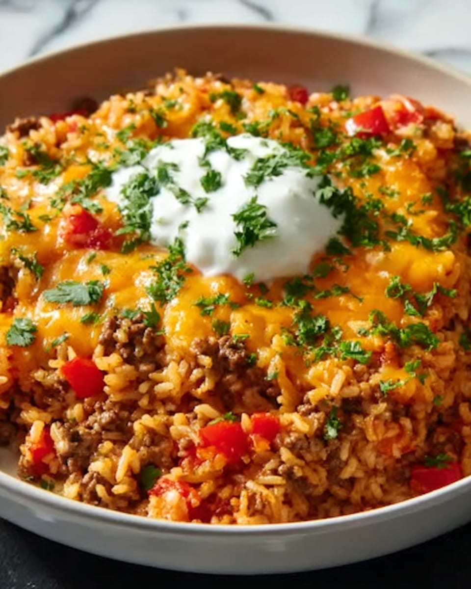 Large white ceramic bowl filled with a generous serving of vibrant Mexican rice casserole, showcasing fluffy seasoned rice mixed evenly with ground beef, diced tomatoes, and colorful bell peppers, all topped with a smooth layer of melted sharp cheddar cheese and a dollop of fresh sour cream, sprinkled with finely chopped fresh cilantro, the full bowl captured from a professional 3/4 angle on a pristine white marble surface with natural lighting, styled as a hero shot in a gourmet food magazine, photo taken with an iphone --ar 4:5 --v 7