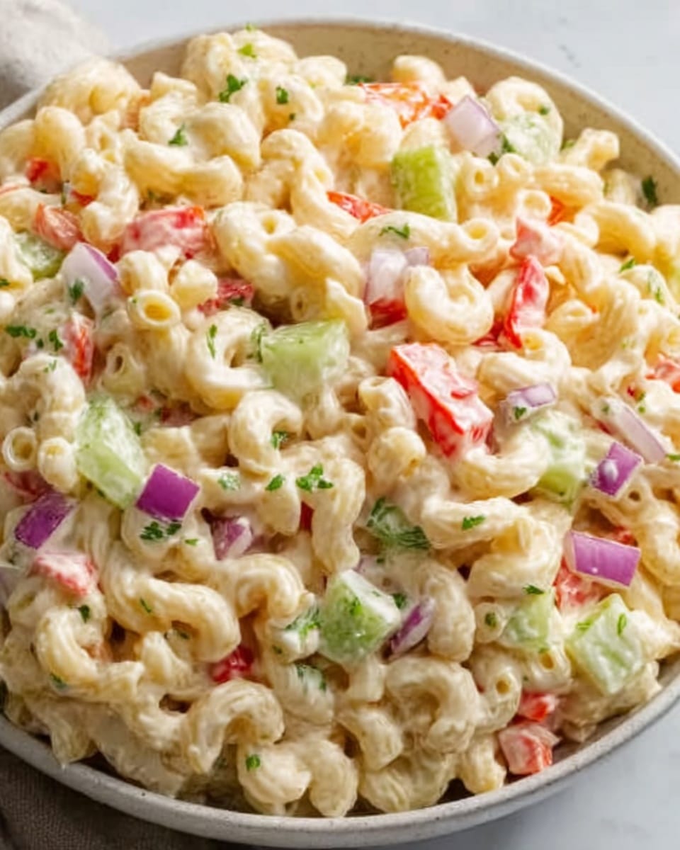 Large white bowl brimming with creamy macaroni salad, showcasing perfectly cooked elbow macaroni tossed with diced red bell peppers, finely chopped celery, and small cubes of red onion, all coated in a smooth, tangy mayonnaise-based dressing, garnished with a sprinkle of fresh herbs, captured from a 3/4 angle on a white marble countertop with natural lighting, styled as a vibrant and fresh hero shot from a food magazine, photo taken with an iphone --ar 4:5 --v 7