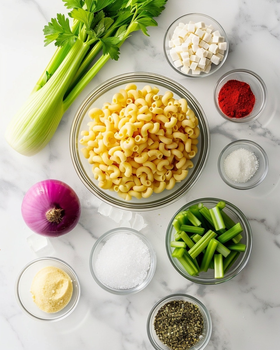 Single white bowl with a close-up of a single serving of creamy macaroni salad, featuring tender cavatappi pasta mixed with diced green bell peppers, red bell peppers, and red onions, all coated in a smooth, rich dressing, the colorful vegetables providing vibrant contrast to the pasta, shot at an angle highlighting the glossy texture and fresh, chunky ingredients, placed on a white marble surface under natural lighting, intimate plated serving photo taken with an iphone --ar 4:5 --v 7