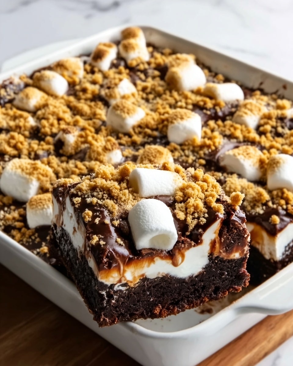 A large white rectangular baking dish filled with a fully assembled s’mores brownie dessert, featuring a rich dark chocolate brownie base topped evenly with a layer of smooth melted chocolate, fluffy toasted marshmallows scattered across the surface, and golden crunchy graham cracker crumbs sprinkled generously on top. The entire uncut dessert is showcased from a 3/4 angle, resting on a pristine white marble background, with natural lighting highlighting the glossy chocolate and perfectly toasted marshmallows, styled as a hero shot from a food magazine. Photo taken with an iphone --ar 4:5 --v 7