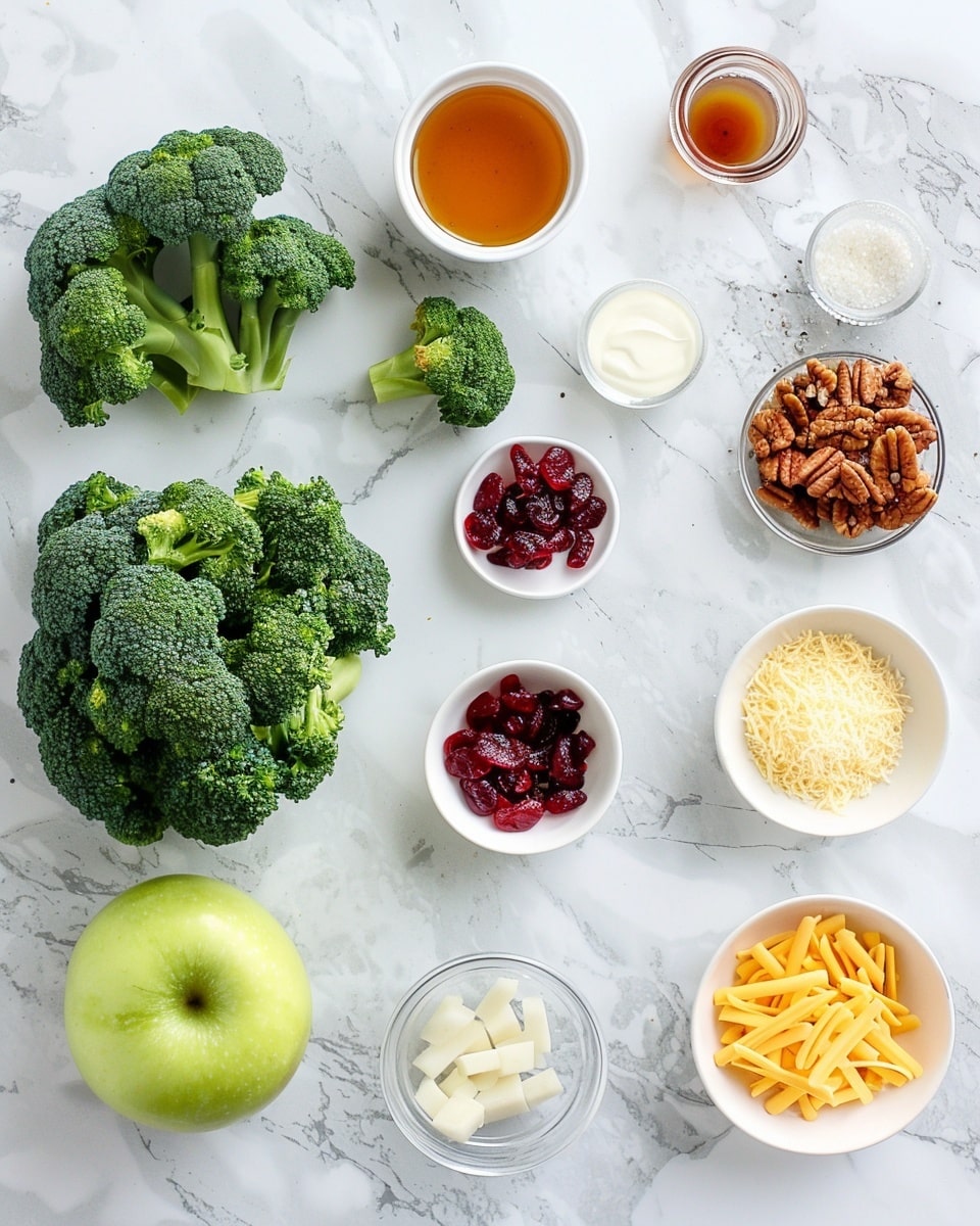 Single white plate presenting a neatly arranged portion of broccoli salad featuring vibrant green broccoli florets, crisp diced apples with red skin, toasted pecans, and dried cranberries, all lightly coated in a creamy dressing that highlights the textures and colors, close-up angled view revealing the mix of crunchy and tender elements, garnished with a few fresh herbs, set on a white marble surface under soft natural lighting, styled as an inviting individual serving ready to eat, photo taken with an iphone --ar 4:5 --v 7