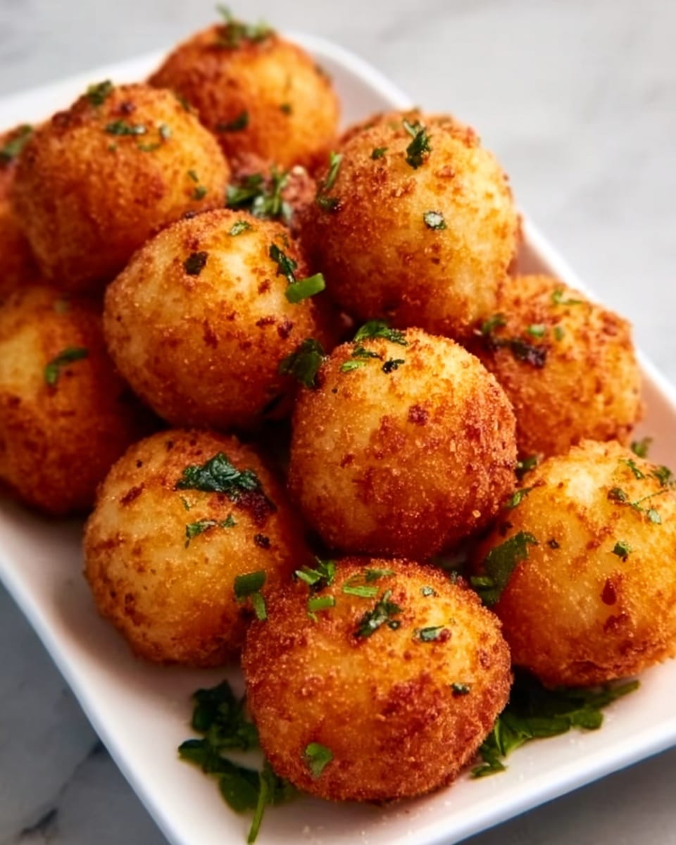 White rectangular dish filled with a full batch of golden, crispy fried cheese balls garnished with finely chopped fresh green herbs, each ball perfectly round and evenly fried, arranged neatly to showcase the texture and appetizing color, photographed from a 3/4 angle on a white marble background with natural lighting, styled as a hero shot from a food magazine, photo taken with an iphone --ar 4:5 --v 7