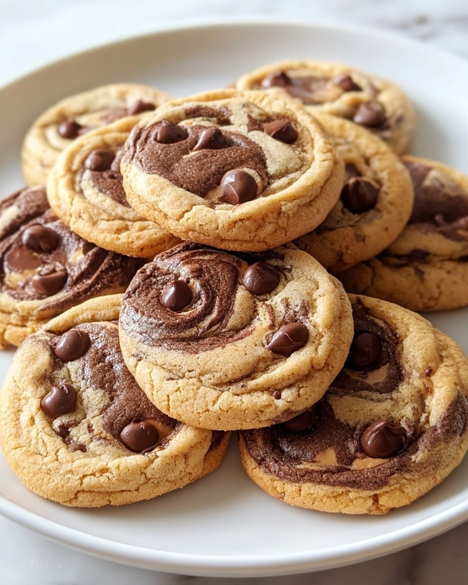 Large white plate filled with a full batch of freshly baked peanut butter and chocolate swirl cookies, arranged closely together to showcase their golden-brown edges and rich chocolate swirls with chocolate chips embedded on top, photographed from a 3/4 angle on a white marble countertop with natural lighting, professional food styling photo taken with an iphone --ar 4:5 --v 7