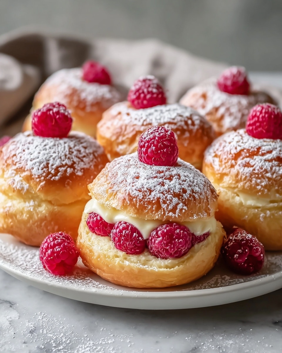 White plate arranged with a full batch of golden cream-filled buns topped with fresh red raspberries and lightly dusted with powdered sugar, each bun showing its fluffy texture and creamy custard filling, capturing the entire assortment in a professional 3/4 angle shot on a white marble surface with natural lighting, styled like a hero shot in a food magazine, photo taken with an iphone --ar 4:5 --v 7