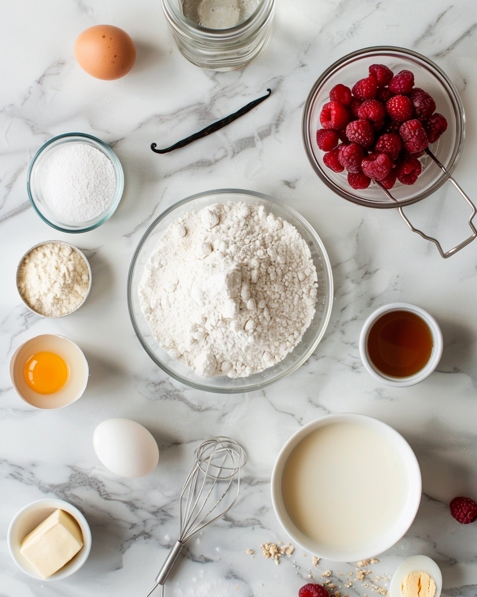 Single white plate displaying one delicate round pastry filled with rich creamy custard visible between golden fluffy layers, topped with a generous cluster of fresh red raspberries dusted with fine powdered sugar, close-up angle emphasizing the soft texture of the pastry and smooth custard filling, natural lighting highlighting the vibrant raspberry color, set on a white marble surface, styled as an elegant individual serving from a food blog, photo taken with an iphone --ar 4:5 --v 7