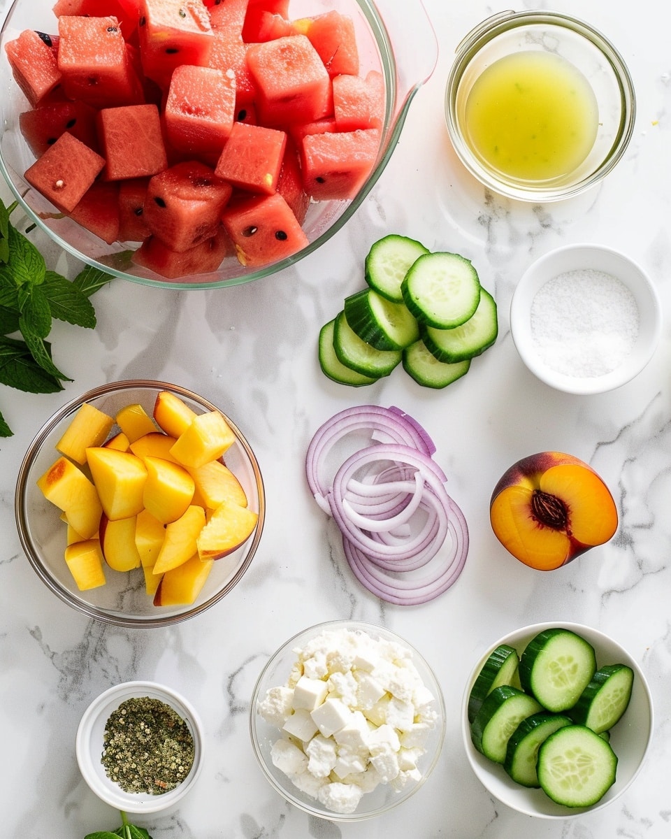Single white bowl containing a close-up view of a vibrant single serving of watermelon and peach salad, showcasing bright red juicy watermelon cubes and golden peach wedges, sprinkled with freshly chopped herbs and cracked black pepper, with light droplets enhancing the fresh texture, placed on a white marble surface, natural lighting highlighting the freshness and color contrast, intimate plated serving photo taken with an iphone --ar 4:5 --v 7