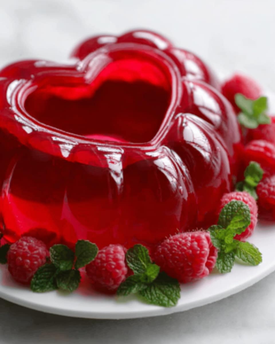 A whole, perfectly formed red gelatin bundt mold on a white plate, featuring a glossy, translucent surface with a heart-shaped cavity in the center. Surrounding the gelatin are fresh raspberries and vibrant green mint leaves, arranged neatly for an elegant presentation. The setting is on a pristine white marble countertop, captured in natural light with a professional 3/4 angle to showcase the entire, uncut dessert in all its vivid, inviting detail. Photo taken with an iphone --ar 4:5 --v 7