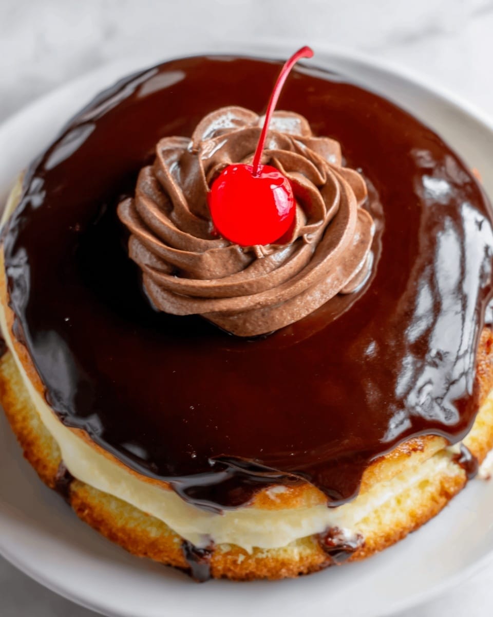 A whole, round, classic Boston cream pie presented on a white plate, featuring a perfectly smooth, glossy chocolate ganache topping covering the entire dessert, with a generous swirl of chocolate cream in the center crowned with a single bright red maraschino cherry. The cake layers beneath are fully visible in a cross-sectional view, showing a thick layer of creamy vanilla custard between fluffy yellow sponge cake layers, all intact and uncut. The dish is styled from a professional 3/4 angle shot on a pristine white marble background, illuminated with natural light to highlight the rich textures and inviting sheen, like a hero shot from a food magazine. Photo taken with an iphone --ar 4:5 --v 7