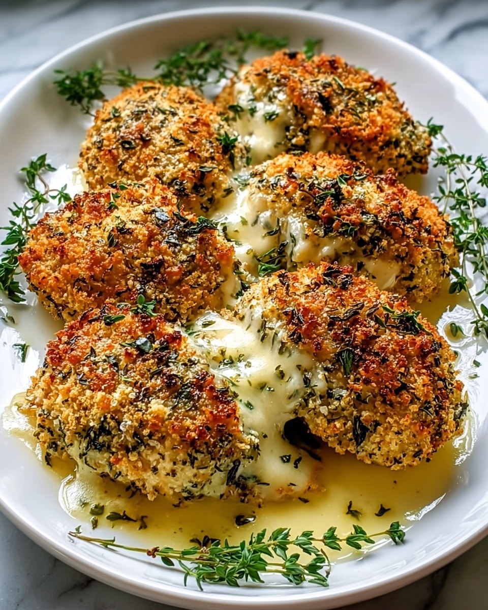 Large white oval serving dish filled with multiple herb-crusted, golden-browned chicken patties, topped with a crispy panko and fresh thyme coating, oozing creamy melted cheese, arranged beautifully with sprigs of thyme scattered around, all glistening with a drizzle of buttery sauce, photographed from a 3/4 angle on a white marble countertop under natural lighting, professional food magazine hero shot photo taken with an iphone --ar 4:5 --v 7