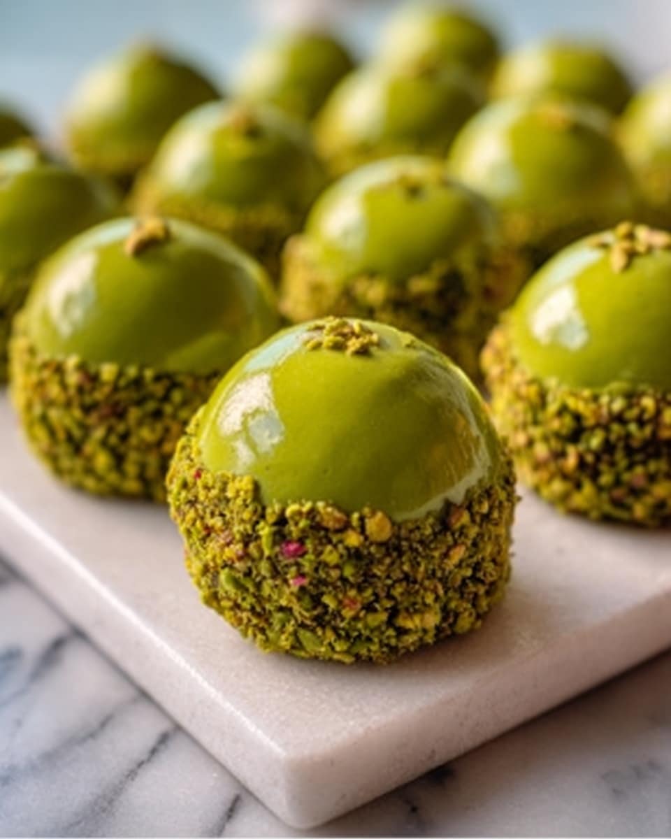 A pristine white serving tray showcasing an array of perfectly crafted pistachio-coated round confections, each with a smooth, glossy pistachio green dome topping, meticulously arranged in neat rows, emphasizing their vibrant texture and rich color contrast. The scene is set on a sleek white marble countertop, bathed in natural light that highlights the sheen and intricate nut coating of each exquisite sweet, styled as a hero shot for a gourmet food magazine. Photo taken with an iphone --ar 4:5 --v 7