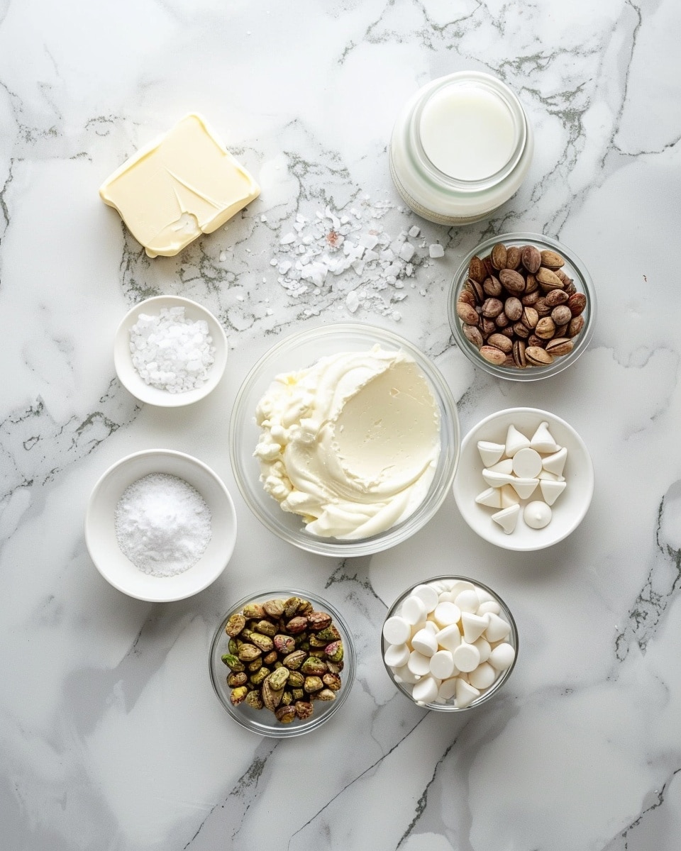 Single white plate featuring one spherical pistachio-covered dessert ball resting in a white paper liner, accompanied by a small glossy pistachio-green dome placed on top, close-up angled shot revealing the texture of the chopped pistachio nuts coating the exterior and the smooth, creamy interior beneath the glossy dome, set on a white marble surface with natural lighting highlighting the contrast between the rough nut texture and the shiny topping, styled as an elegant individual serving from a food blog, photo taken with an iphone --ar 4:5 --v 7