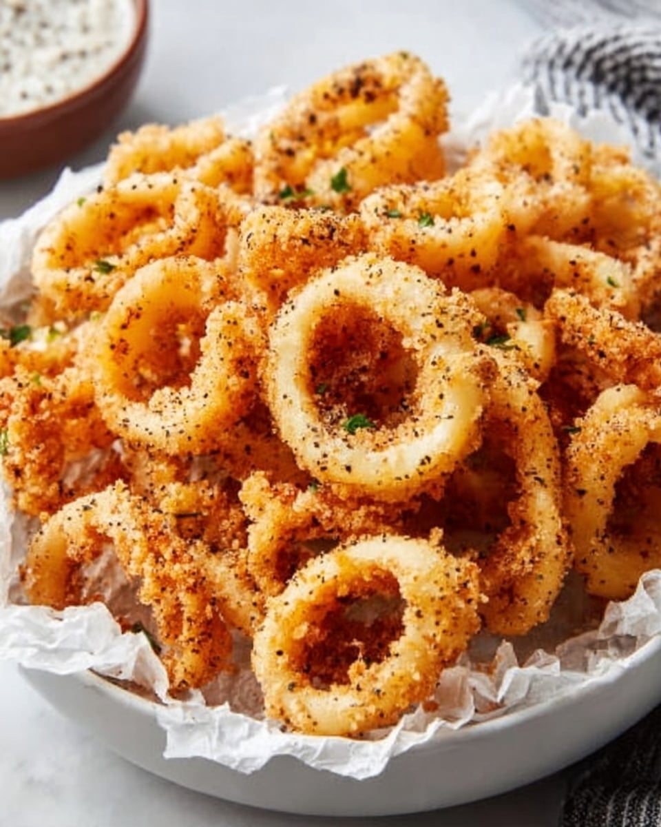 Large white bowl filled with a generous heap of golden, crispy fried calamari rings, seasoned with a sprinkle of black pepper and herbs, perfectly fried to a crunchy texture, arranged to showcase their full curled shape, resting on white parchment paper to absorb excess oil, styled dramatically on a white marble surface with natural lighting highlighting the appetizing crispiness, professional food magazine hero shot photographed with an iphone --ar 4:5 --v 7