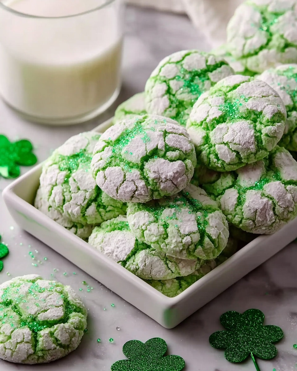 Large white rectangular tray filled with a full batch of bright green crinkle cookies, each cookie generously coated in sparkling white powdered sugar and emerald green sugar crystals, arranged neatly in several rows showcasing their characteristic cracked tops, accompanied by festive shamrock decorations on a white marble countertop, professional food magazine hero shot with natural lighting photo taken with an iphone --ar 4:5 --v 7
