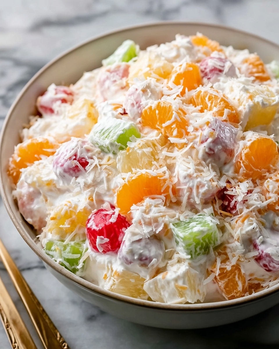 Large white serving bowl filled with a full, creamy ambrosia salad featuring colorful chunks of assorted fruit including mandarin oranges, green and red jellied cubes, pineapple pieces, and shredded coconut generously sprinkled on top, all mixed into rich whipped cream, presented with natural lighting on a white marble countertop, professional food magazine style photo taken with an iphone --ar 4:5 --v 7