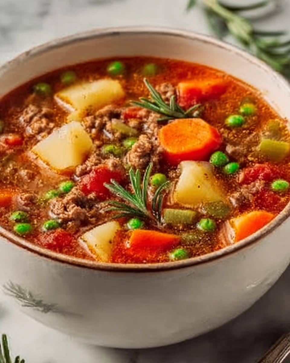 Large white soup bowl filled to the brim with hearty homemade beef and vegetable soup, featuring whole chunks of tender potatoes, sliced carrots, bright green peas, diced celery, juicy tomatoes, and generous crumbles of ground beef, garnished with fresh rosemary sprigs, presented on a white marble countertop under natural lighting, professional 3/4 angle food magazine style photo taken with an iphone --ar 4:5 --v 7