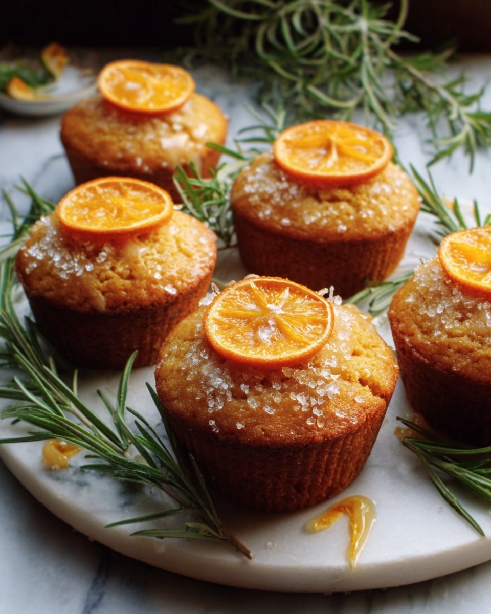 A white serving platter showcasing a full batch of six golden-brown orange-glazed muffins, each topped with a glossy round slice of candied orange and sprinkled with sparkling sugar crystals, garnished with fresh sprigs of rosemary arranged artfully around the muffins, photographed with natural light on a white marble background, professional 3/4 angle hero shot style, photo taken with an iphone --ar 4:5 --v 7