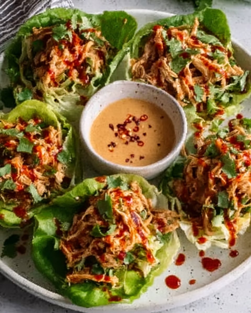 A large white serving platter filled with multiple vibrant lettuce wraps piled high with shredded chicken, fresh herbs, and finely chopped vegetables, drizzled generously with a spicy red sauce, accompanied by a small white bowl of creamy peanut dipping sauce with red chili flakes, all presented on a white marble countertop under natural lighting, styled as a professional hero food shot from a 3/4 angle, photo taken with an iphone --ar 4:5 --v 7