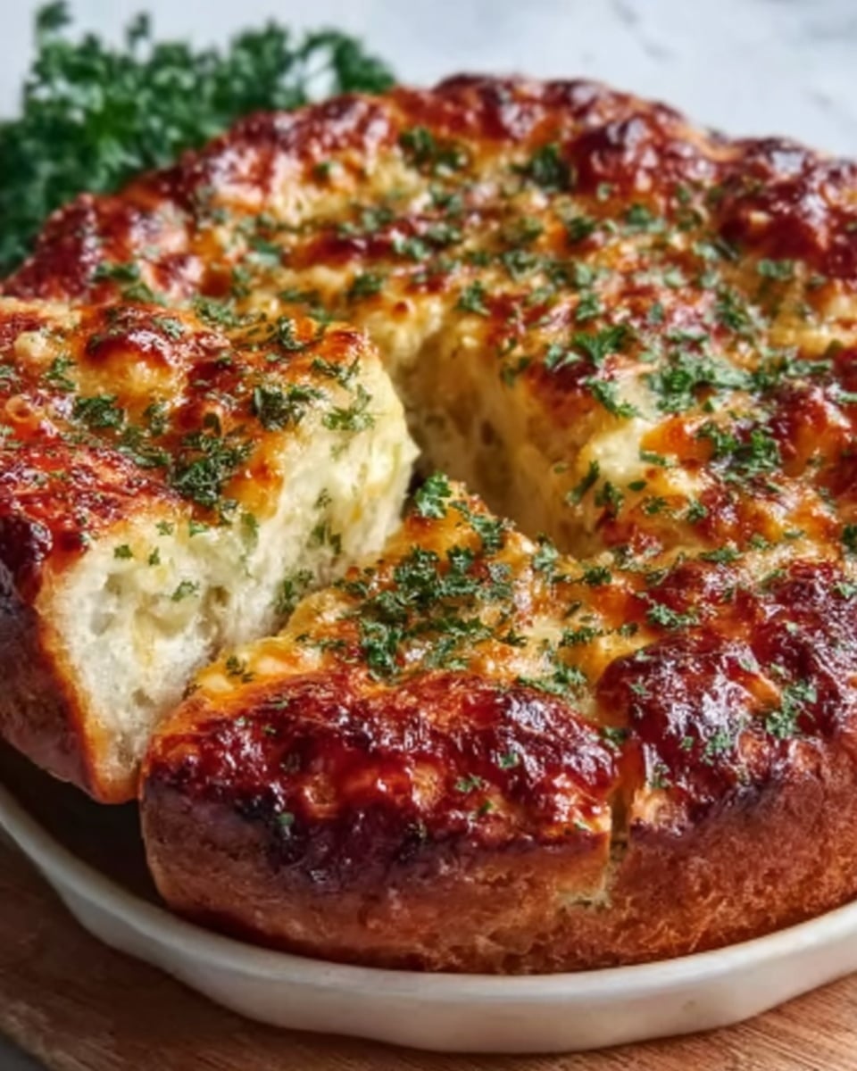 A whole deep-dish savory cheese and herb bread, golden brown and perfectly risen, topped with melted cheddar and mozzarella cheese with a sprinkling of fresh parsley, baked in a round white ceramic baking dish, shown from a 3/4 angle on a white marble countertop with natural lighting, a professional food styling hero shot photo taken with an iphone --ar 4:5 --v 7