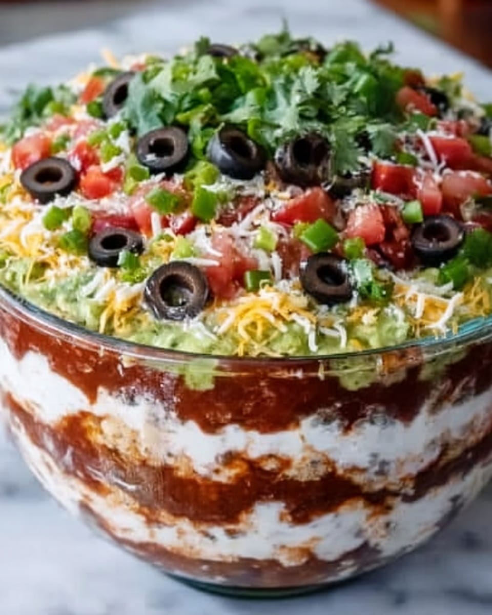 A large clear glass bowl filled to the top with layered seven-layer dip, showcasing distinct layers of refried beans, guacamole, sour cream, shredded cheese, diced tomatoes, chopped green onions, and garnished with whole black olives and fresh chopped cilantro on the top, entire uncut dish beautifully displayed, shot from a 3/4 angle on a white marble countertop with natural lighting, styled like a professional food magazine hero shot, photo taken with an iphone --ar 4:5 --v 7