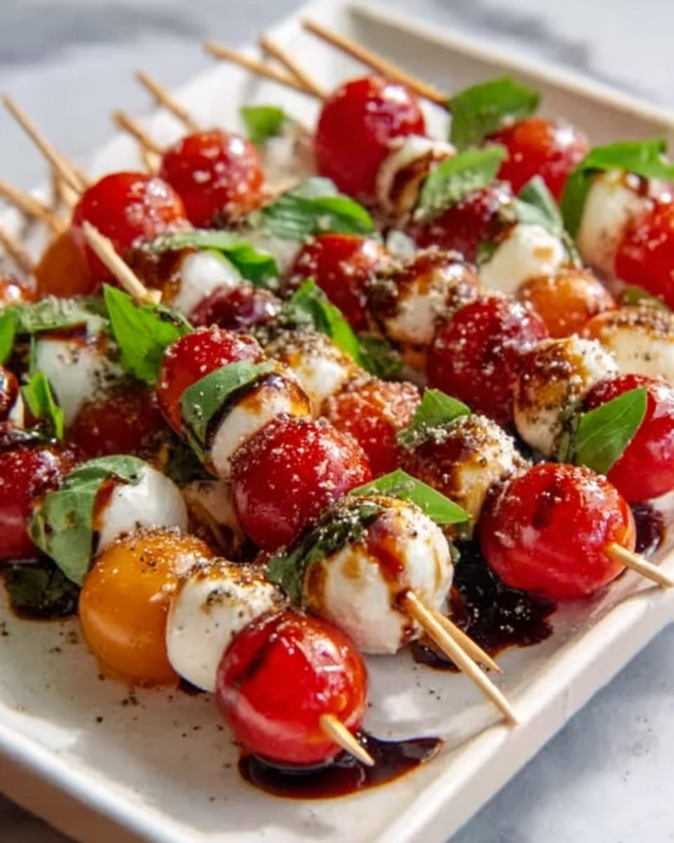 A white rectangular serving platter artfully arranged with multiple skewers of fresh cherry tomatoes, whole mini mozzarella balls, and vibrant green basil leaves, all evenly drizzled with rich balsamic glaze and sprinkled with cracked black pepper and sea salt crystals, showcasing a vivid contrast of colors and textures, photographed at a 3/4 angle with natural lighting on a white marble background, professional food magazine hero shot, photo taken with an iphone --ar 4:5 --v 7