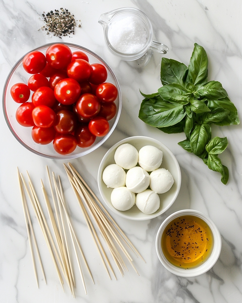 Single white plate featuring one skewer with alternating plump cherry tomatoes, smooth fresh mozzarella balls, and bright fresh basil leaves, drizzled generously with balsamic glaze and sprinkled with cracked black pepper and sea salt crystals, close-up shot highlighting the shiny, juicy tomatoes and creamy texture of the mozzarella against the vibrant green basil, set on a white marble surface with natural lighting, styled as a ready-to-eat appetizer portion, photo taken with an iphone --ar 4:5 --v 7
