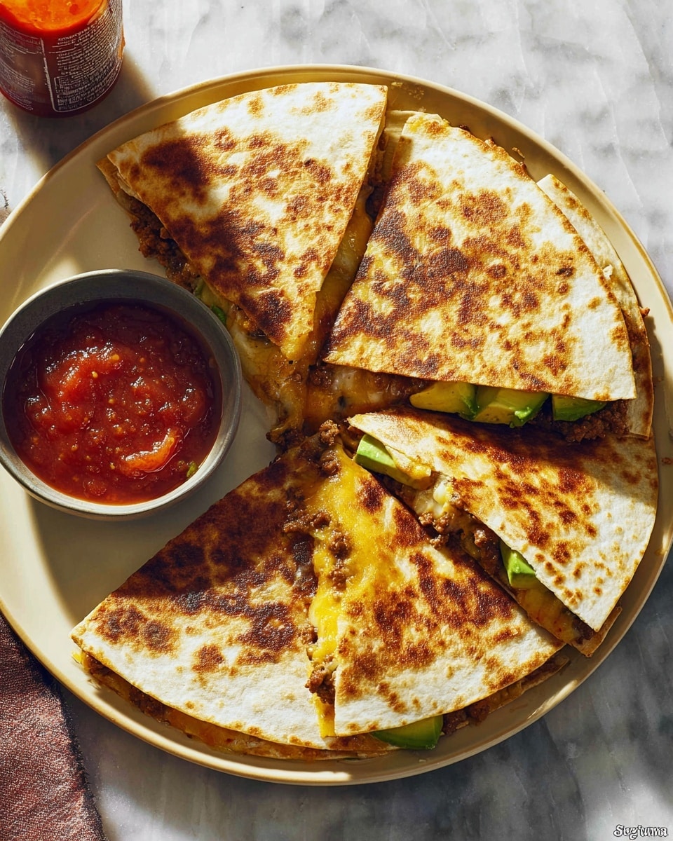 Entire large white plate featuring a whole golden-brown quesadilla, perfectly toasted with a crispy exterior, filled generously with melted cheese, seasoned ground meat, and sliced avocado peeking out, accompanied by a small bowl of rich red salsa and a bottle of hot sauce on the side, styled on a white marble background under natural lighting, professional food magazine hero shot photo taken with an iphone --ar 4:5 --v 7