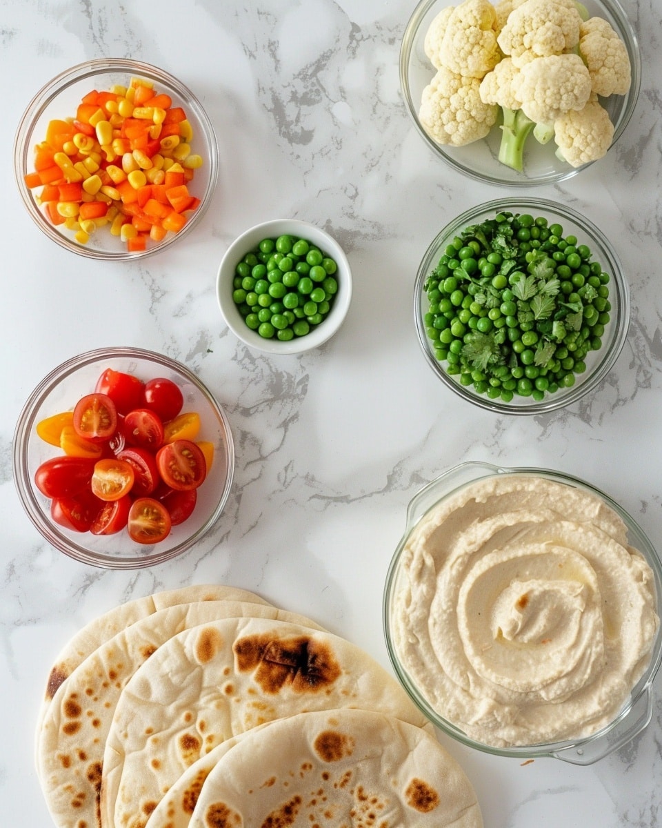 Single white plate with one colorful slice of vegetable flatbread pizza featuring distinct layers of fresh cherry tomatoes, diced orange bell peppers, tender yellow squash and corn kernels, green peas and broccoli florets, and vibrant purple cauliflower, small sprinkles of cheese melting over the vegetables, close-up angled view highlighting the crispy golden crust and varied vegetable textures, natural lighting on white marble surface, styled food blog serving photo taken with an iphone --ar 4:5 --v 7
