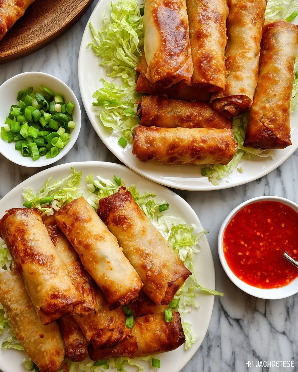 Two large white plates filled with an abundant serving of golden, crispy spring rolls arranged neatly over a bed of fresh shredded lettuce, alongside small white bowls containing bright red sweet chili dipping sauce and chopped green onions, whole dish photographed from above on a white marble countertop, natural lighting, professional food styling photo taken with an iphone --ar 4:5 --v 7