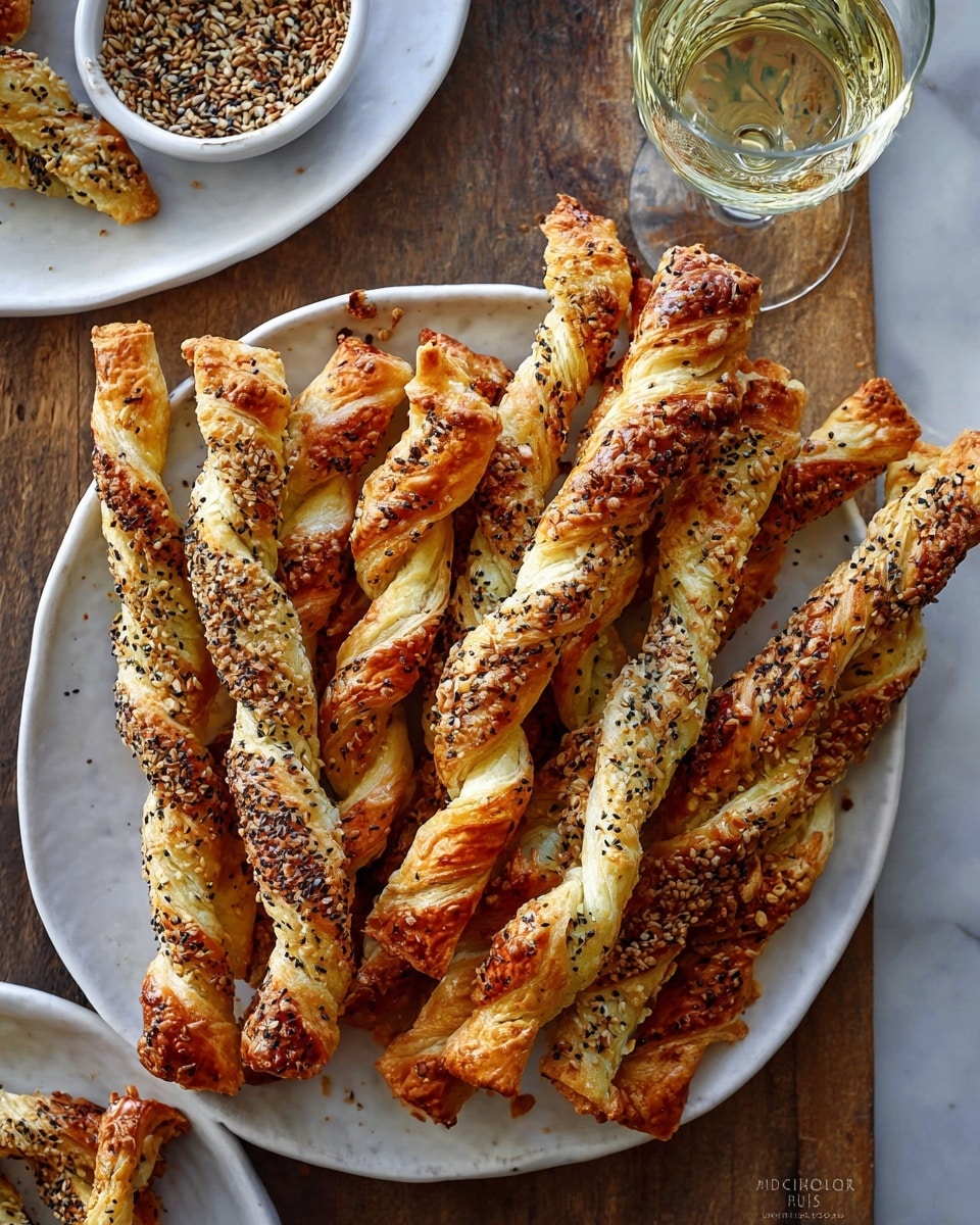 Large white plate piled high with crispy golden puff pastry twists, some sprinkled with black and white sesame seeds and everything bagel seasoning, others featuring melted cheese baked into their flaky layers, resting on a rustic wooden table with a glass of white wine and a small white bowl of mixed seeds beside it, photographed from above on white marble countertop, natural lighting, professional food styling photo taken with an iphone --ar 4:5 --v 7