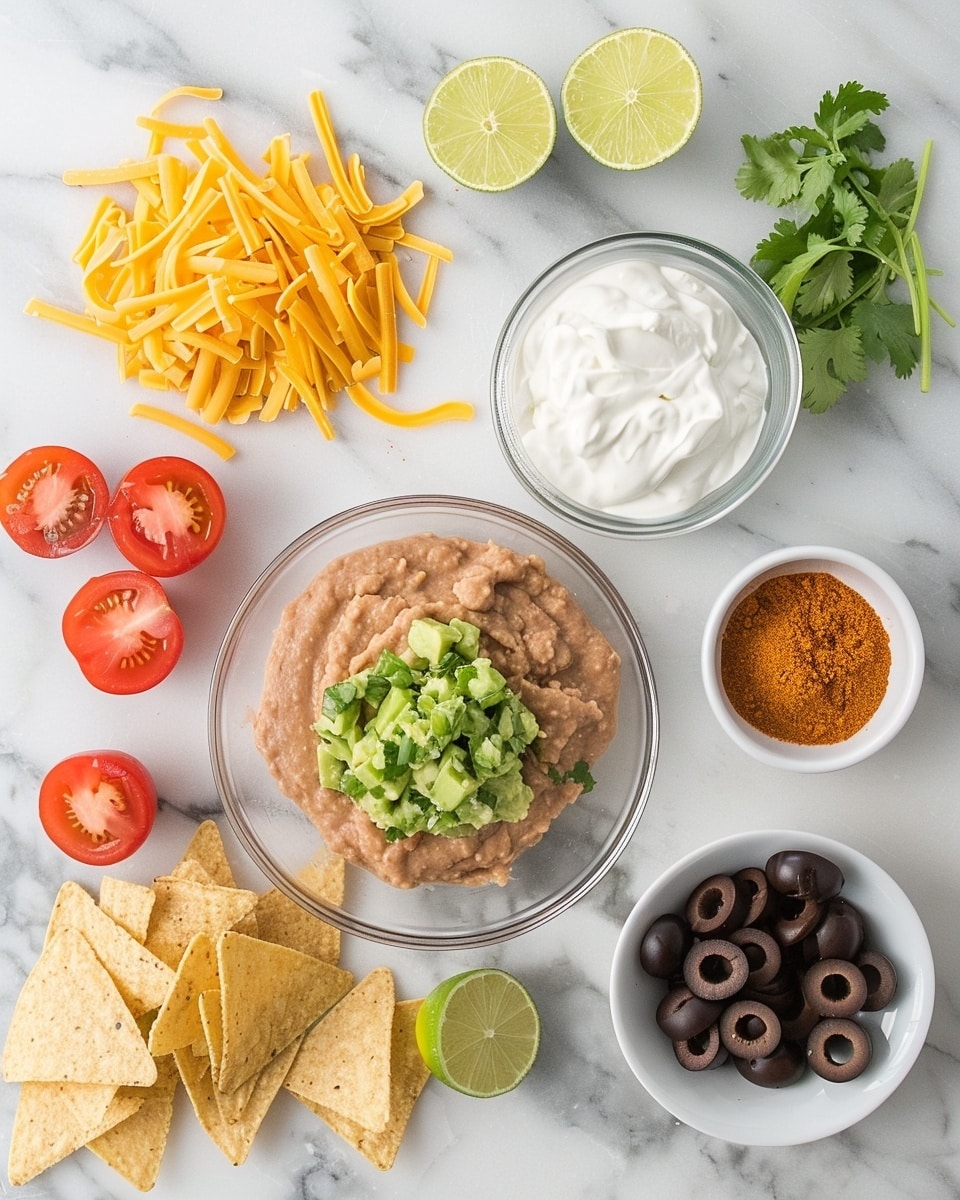 Single white plate presenting one generous portion of seven-layer dip served with layers visible in cross-section; the base layer of refried beans topped with creamy sour cream, smooth guacamole, diced fresh tomatoes, shredded cheddar cheese, chopped green onions, and sliced black olives on top, close-up angle revealing each vibrant layer and rich texture, garnished with a small sprig of cilantro on the side, set on white marble surface under natural lighting, styled like a food blog serving, intimate plated serving photo taken with an iphone --ar 4:5 --v 7