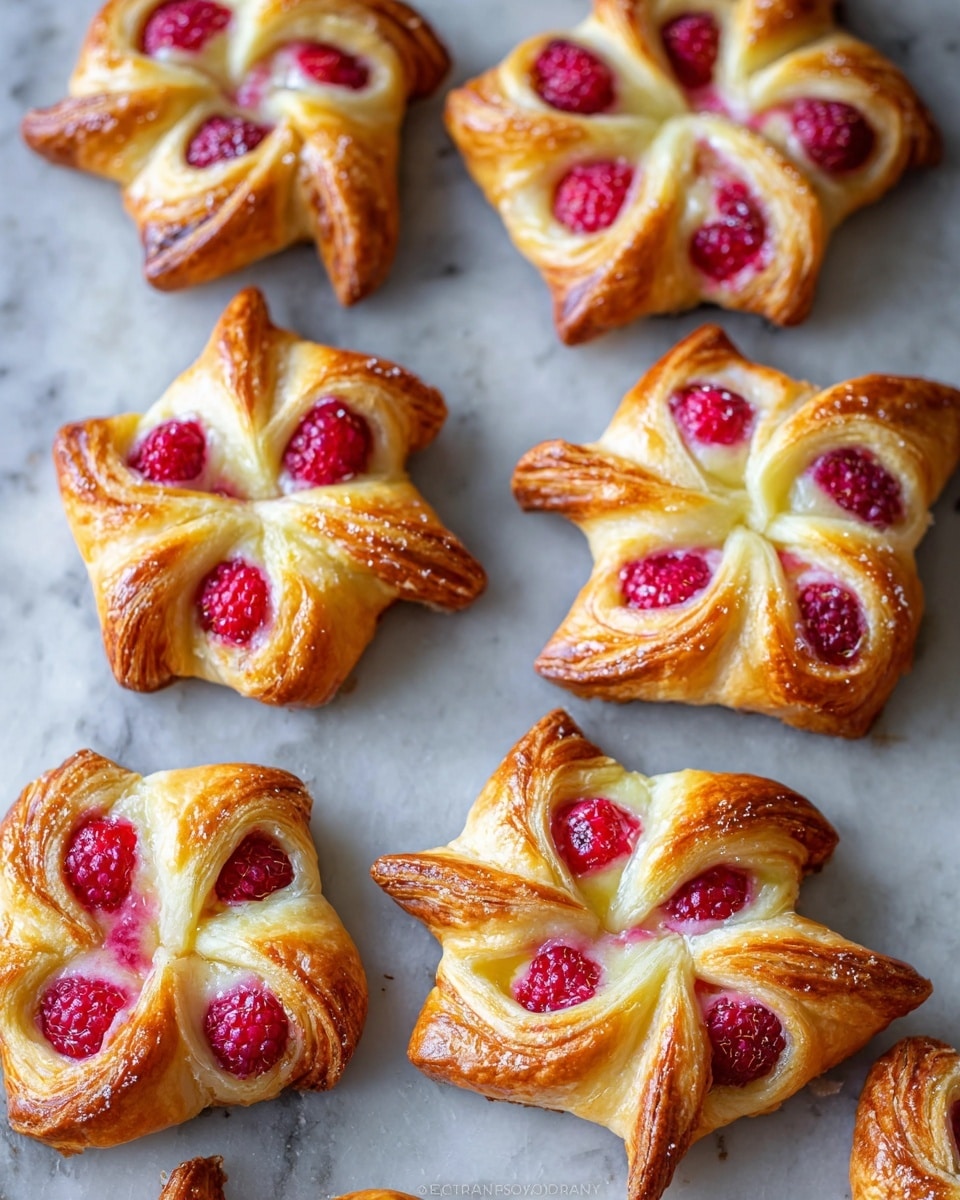 Multiple golden-brown puff pastry raspberry pinwheels arranged evenly on a white marble countertop, each pinwheel featuring folded buttery layers filled with creamy custard and fresh vibrant red raspberries, the pastries showing a shiny, perfectly baked crust that highlights their flaky texture, natural lighting enhancing the bright colors and inviting appeal, photographed from a professional 3/4 angle with the entire batch fully visible in frame, white marble background for a clean, elegant presentation, photo taken with an iphone --ar 4:5 --v 7