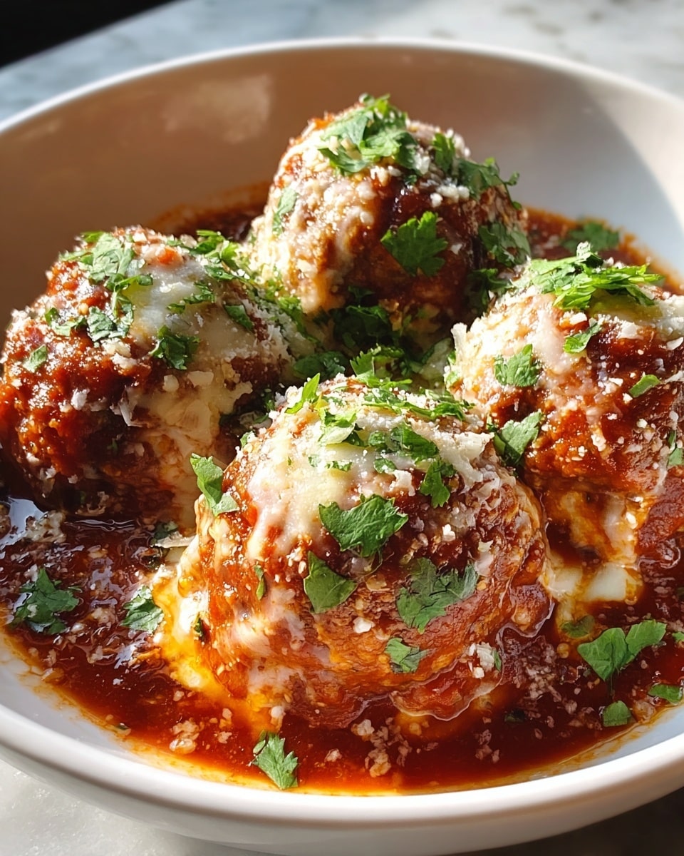 Large white bowl generously filled with several meatballs smothered in rich, vibrant marinara sauce and topped with melted mozzarella cheese and finely grated Parmesan, sprinkled with fresh chopped cilantro leaves, the whole dish presented at a 3/4 angle on a white marble countertop, captured in natural lighting with professional food styling, photo taken with an iphone --ar 4:5 --v 7