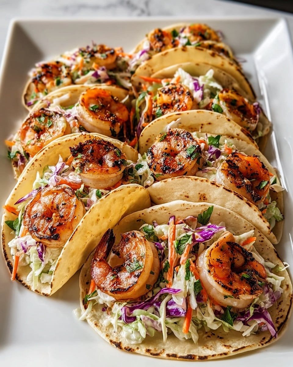 A large white rectangular platter filled with multiple grilled shrimp tacos, each taco featuring perfectly charred shrimp nestled in soft, warm corn tortillas, generously topped with a creamy slaw of finely shredded purple cabbage, orange carrots, and fresh herbs, arranged in neat rows to showcase the full vibrant dish, captured in a professional 3/4 angle shot on a white marble background with natural lighting, like a hero food magazine photo taken with an iphone --ar 4:5 --v 7