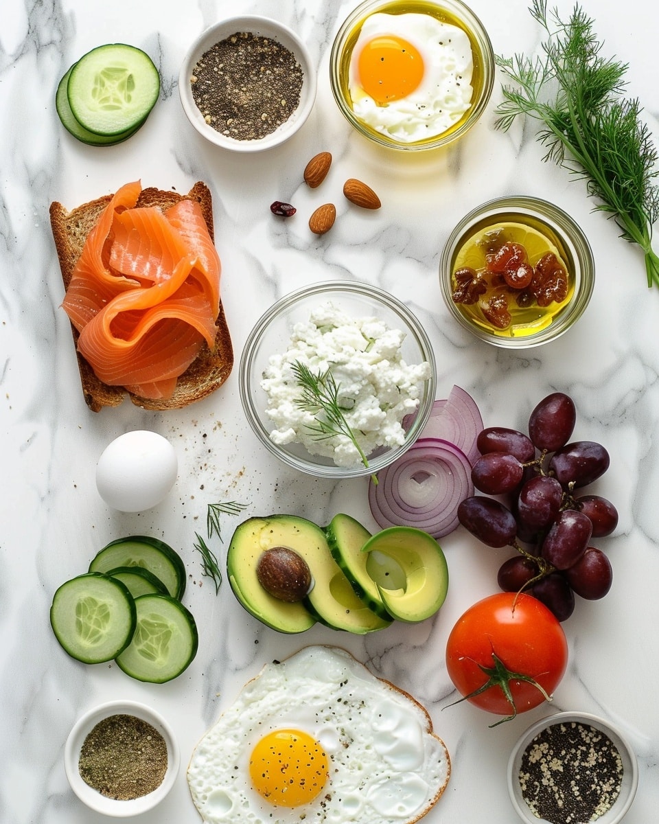 Single white square plate with one slice of whole grain toast topped with creamy cottage cheese spread, fresh cucumber slices, and a small cluster of mixed greens including arugula, close-up angle highlighting the soft, airy texture of the cottage cheese and the crisp freshness of the cucumber layered neatly, sprinkled lightly with black pepper, natural lighting on a white marble background, intimate plated serving photo taken with an iphone --ar 4:5 --v 7