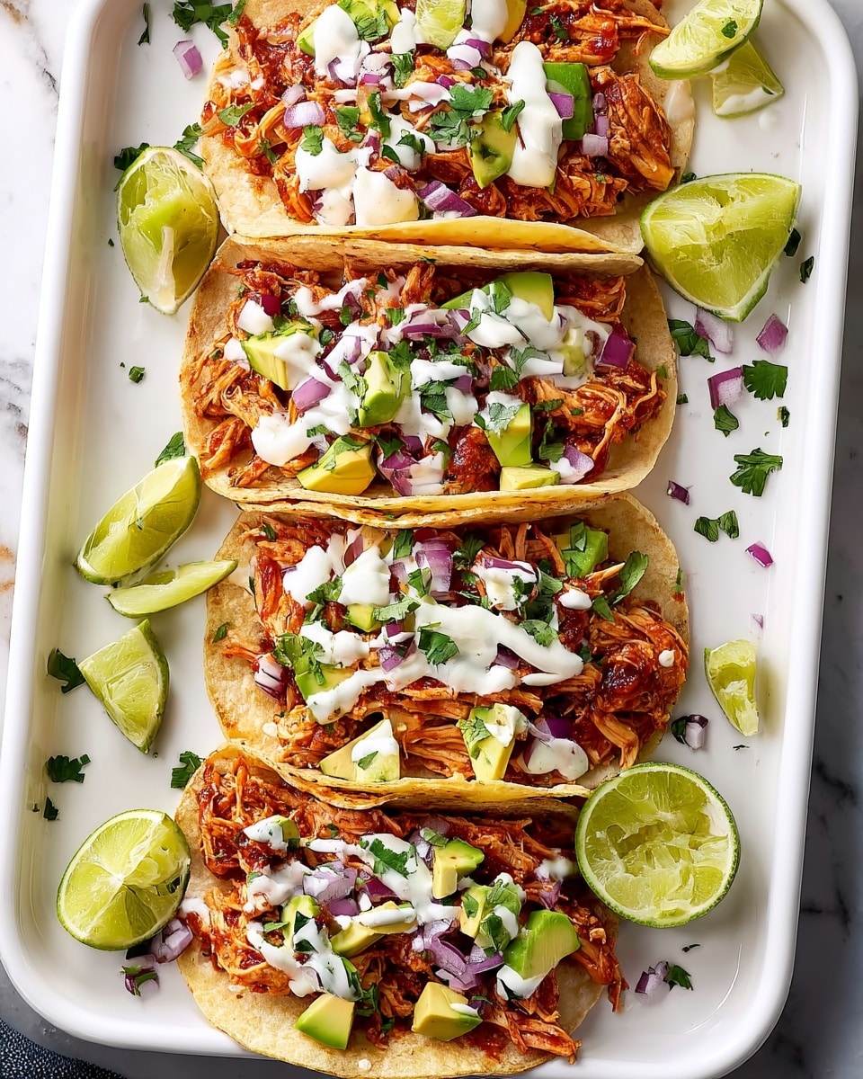 Large white rectangular serving tray filled with multiple soft corn tortillas fully assembled with shredded saucy chicken, diced ripe avocado, finely chopped red onions, fresh cilantro sprigs, and drizzled with creamy white sauce, garnished with lime wedges scattered around, all ingredients vibrant and fresh, overhead view on white marble background, natural lighting, professional food magazine hero shot, photo taken with an iphone --ar 4:5 --v 7