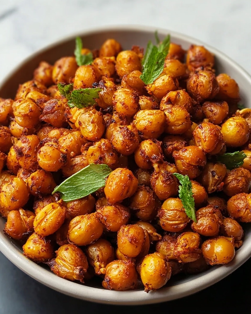 Large white ceramic bowl filled with an abundant serving of golden roasted chickpeas seasoned with a blend of spices, showing a crispy, evenly cooked texture with scattered fresh green herb leaves for garnish, presented as a whole dish from a 3/4 angle on a white marble countertop, captured with natural light in a professional food magazine hero shot style, photo taken with an iphone --ar 4:5 --v 7