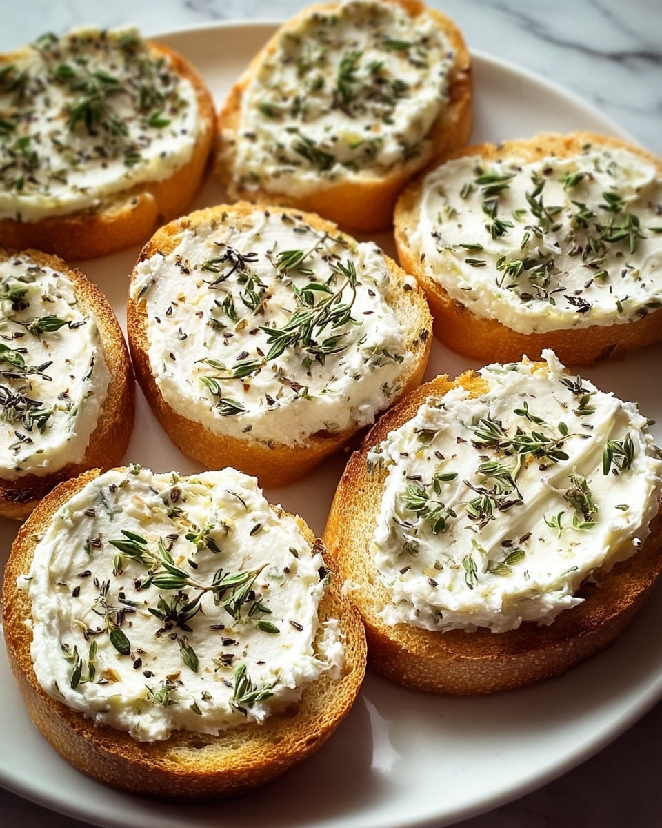 A large white plate filled with multiple toasted round slices of golden brown bread, each topped generously with creamy herb-infused cheese spread sprinkled with fresh green thyme leaves, arranged neatly to showcase the full assortment, photographed from a 3/4 angle on a white marble surface with natural lighting, professional food magazine hero shot photo taken with an iphone --ar 4:5 --v 7