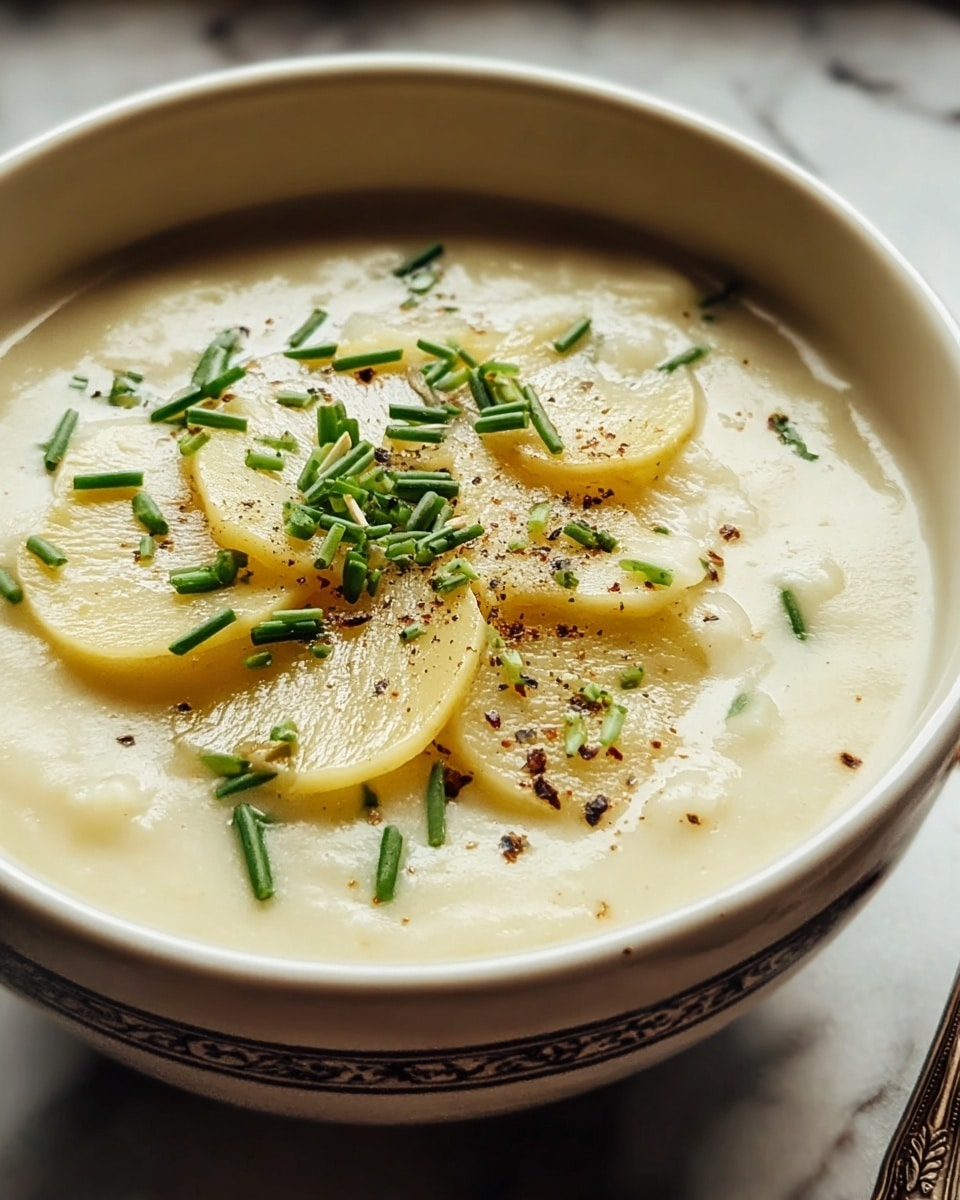 Large white ceramic serving bowl filled with creamy potato soup, garnished generously with thin slices of tender potato, freshly chopped green chives, and a sprinkle of cracked black pepper, whole dish captured in a professional 3/4 angle shot on a white marble countertop, natural lighting highlighting the smooth texture and fresh garnish, styled for a food magazine hero shot, photo taken with an iphone --ar 4:5 --v 7