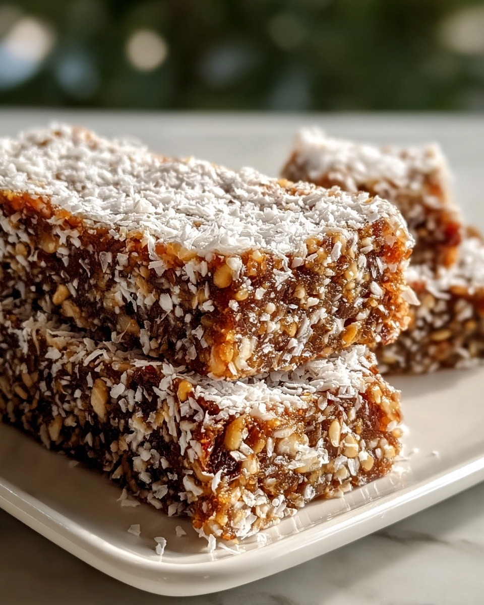 A large white rectangular serving platter showcasing a whole uncut block of textured date and nut bar, densely packed with chopped nuts and dates, coated with a glistening sticky layer and sprinkled generously with finely shredded coconut flakes, presented in a neat, rustic form with natural light highlighting the glossy and textured surface, photographed from a 3/4 angle on a white marble countertop, professional food magazine hero shot photo taken with an iphone --ar 4:5 --v 7