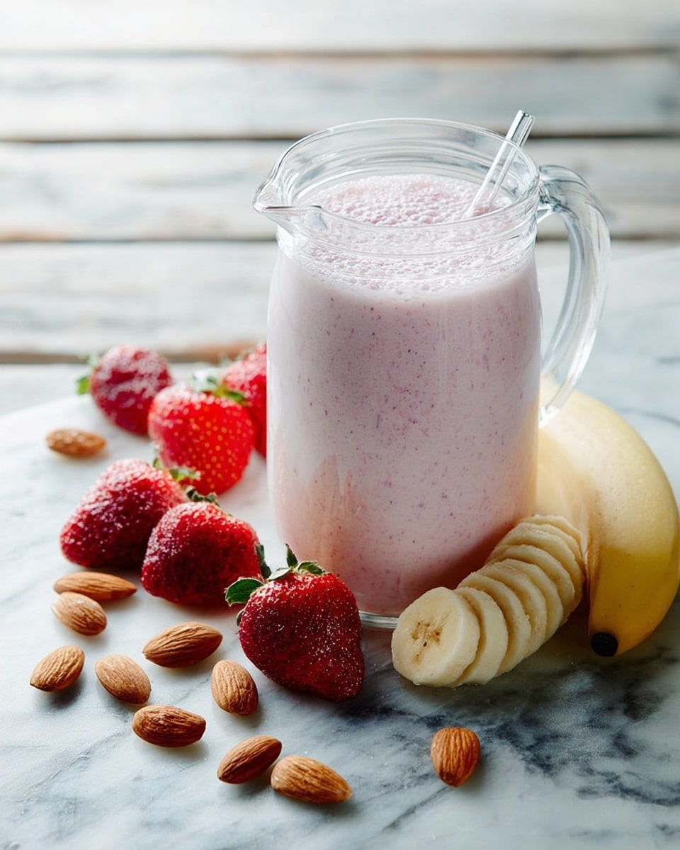 Large white glass pitcher filled with creamy pink strawberry banana almond smoothie, surrounded by fresh whole strawberries, banana slices, and whole almonds arranged artfully on a white marble countertop, captured in natural light with professional food styling from a 3/4 angle, whole dish featured prominently in frame, photo taken with an iphone --ar 4:5 --v 7