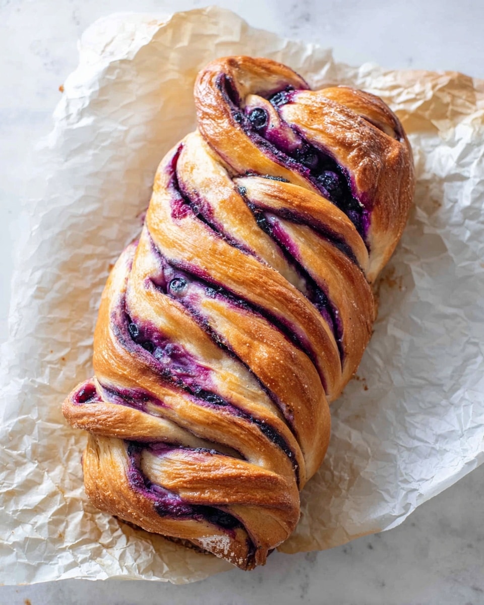 Whole braided loaf of golden brown blueberry babka, the twisted dough richly swirled with a vibrant purple blueberry filling peeking through the glossy crust, resting on crinkled white parchment paper, photographed from a 3/4 angle to reveal the intricate braid texture on a pristine white marble surface with natural lighting, professional food magazine hero shot photo taken with an iphone --ar 4:5 --v 7
