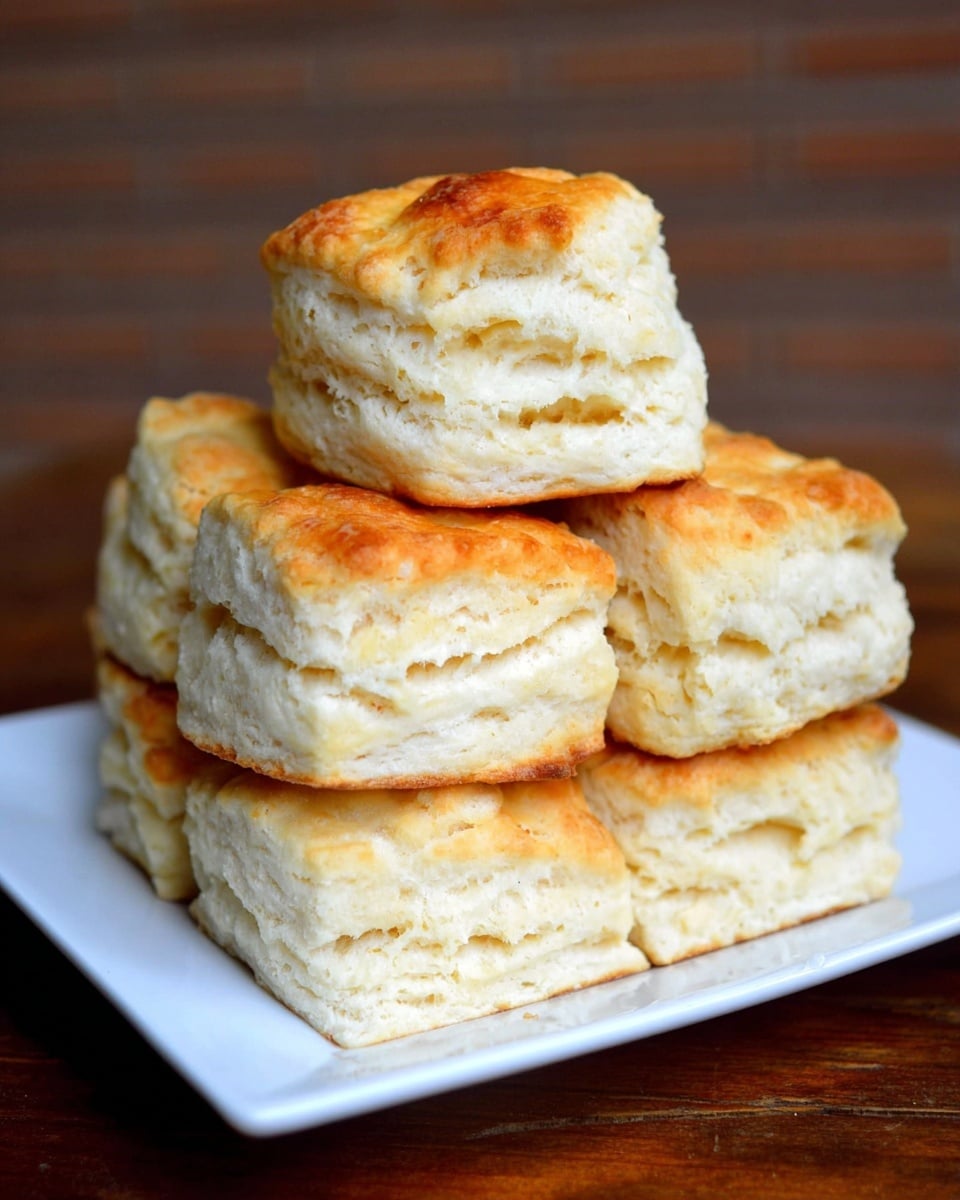 A large white square plate filled with a full batch of freshly baked golden-brown fluffy biscuits, arranged neatly together in a stack, showcasing their soft, airy interior and perfectly browned, slightly crisp tops, photo taken with an iphone --ar 4:5 --v 7