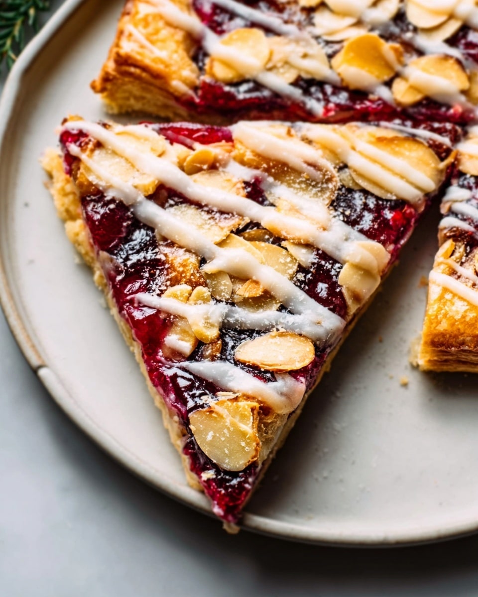 Large white rectangular baking dish filled with an uncut raspberry almond Danish pastry, featuring golden flaky puff pastry intertwined with vibrant red raspberry filling and topped delicately with toasted almond slices and a smooth drizzle of white icing, all presented on a white marble countertop under natural light, shot from a 3/4 angle to showcase the entire pastry with professional food styling, photo taken with an iphone --ar 4:5 --v 7