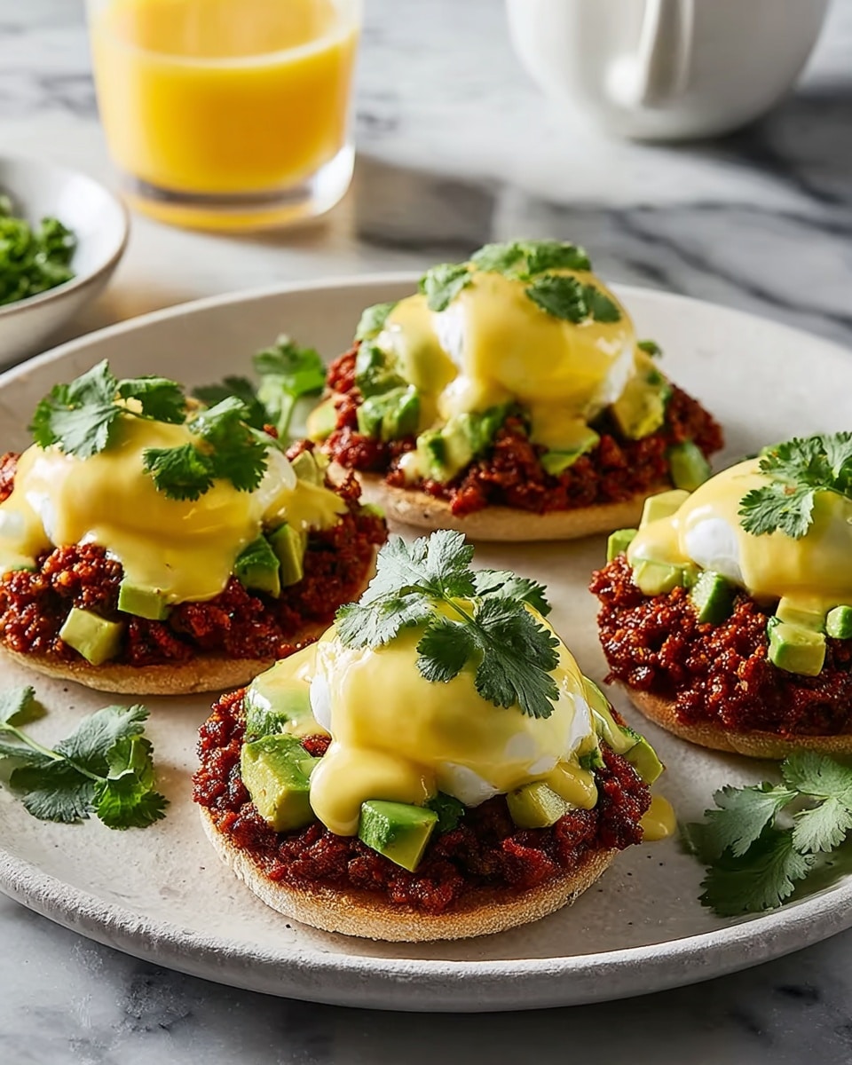 A large white serving platter showcasing a full batch of eggs Benedict with rich chorizo, each English muffin base topped with generous portions of spiced chorizo, diced avocado, perfectly poached eggs draped in smooth hollandaise sauce, and sprinkled with fresh cilantro leaves, arranged beautifully in neat rows, styled on a white marble countertop under natural lighting, professional food magazine hero shot, photo taken with an iphone --ar 4:5 --v 7