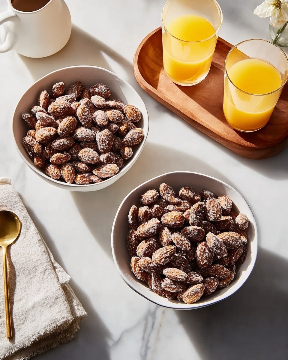 Two large white bowls filled to the brim with crunchy, sugar-coated roasted almonds, each almond glistening with a golden caramelized coating dusted lightly with sugar crystals. The bowls are neatly arranged side by side on a pristine white marble countertop, accompanied by two transparent glasses filled with fresh orange juice and a small white porcelain pitcher on a wooden tray with a beige linen napkin beside a sleek golden spoon. Natural soft daylight highlights the textures and forms a gentle shadow play, capturing an inviting and complete snack setup, photographed from a professional 3/4 angle, whole presentation in frame, photo taken with an iphone --ar 4:5 --v 7