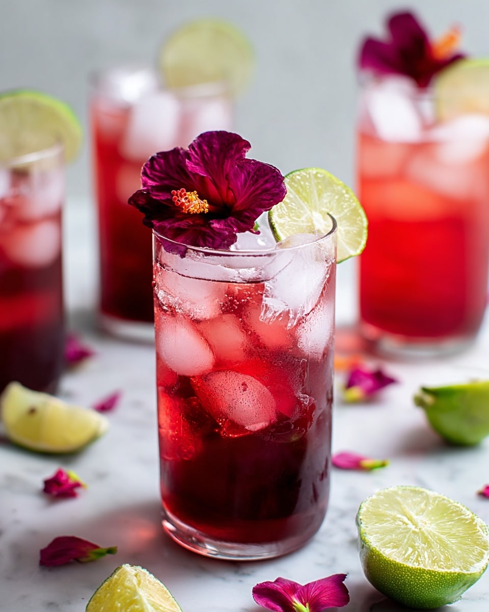 A collection of tall, clear white glasses filled with vibrant crimson hibiscus iced tea, each generously packed with ice cubes that glisten under natural light. Each glass is beautifully garnished with a fresh lime wheel perched on the rim and a deep magenta hibiscus flower floating atop, surrounded by scattered hibiscus petals and halved fresh limes on a pristine white marble surface. The scene is captured from a professional 3/4 angle, highlighting the refreshing, colorful ensemble that invites a cool, floral sip on a sunny day, photo taken with an iphone --ar 4:5 --v 7